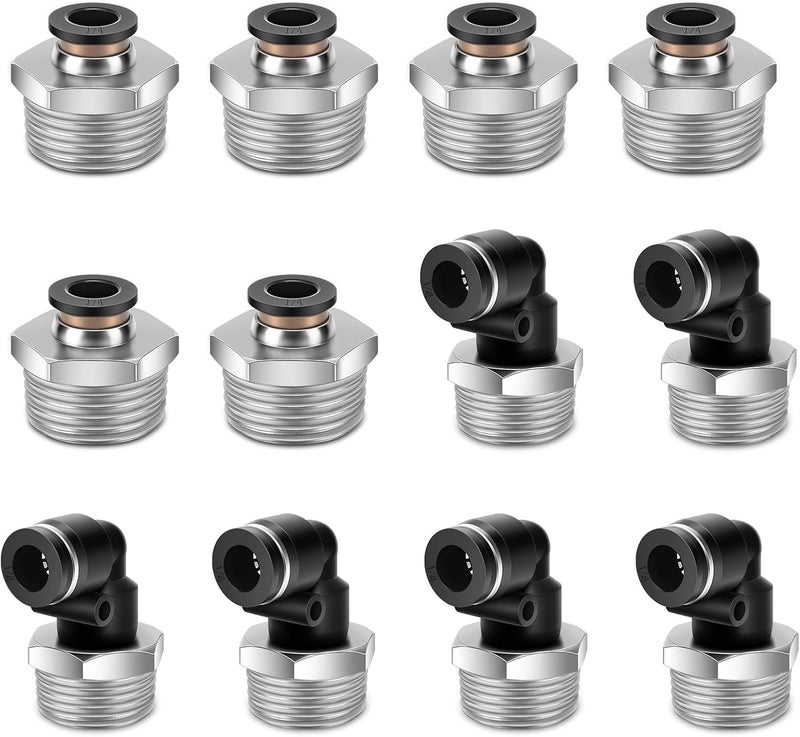 cnaodun 12 Pcs Push to Connect Fittings 1/4 Inch Tube OD x 1/2 Inch NPT Thread Pneumatic Male Straight and Elbow Quick Connect Air line fittings - Image 1